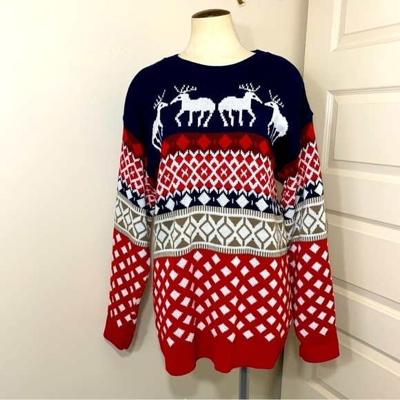 Fair isle Knit Sweater Sz S Oversized Blue Red Winter Deer Ugly Xmas Pullover - Picture 5 of 11